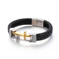 Titanium Steel Bracelet, with cowhide cord, plated, for man, more colors for choice, 220x12mm, Sold By PC