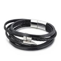 Partículas de aço pulseira, with cabo de couro, multicamada & para o homem, preto, 215x5mm, vendido por PC