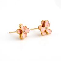 Brass Stud Earring Flower real gold plated for woman & enamel & with rhinestone pink Sold By Pair