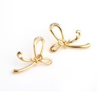 Brass Earring Drop Component, Bowknot, real gold plated, with rhinestone, golden, 23x20x2mm, Sold By PC