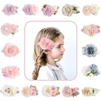Børn Hair Accessory, Klud, Flower, håndlavet, Pige & forskellige stilarter for valg, blandede farver, 80x55mm, Hole:Ca. 4.5mm, 9pc'er/sæt, Solgt af sæt