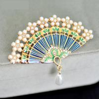 Tibetan Style Brooches, with Plastic Pearl, Fan, gold color plated, enamel & with rhinestone, more colors for choice, 62x39mm, Sold By PC