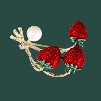 Zinc Alloy Brooches with Plastic Pearl Strawberry gold color plated & enamel & with rhinestone red Sold By PC