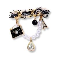Zinc Alloy Brooches with Plastic Pearl gold color plated enamel & with rhinestone black Sold By PC