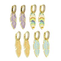 Huggie Hoop Drop Earring Brass Feather gold color plated micro pave cubic zirconia & for woman & enamel 32mm Sold By Pair