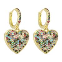 Huggie Hoop Drop Earring, Brass, Heart, gold color plated, micro pave cubic zirconia & for woman, multi-colored, 31mm, Sold By Pair