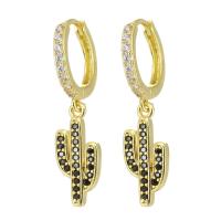 Huggie Hoop Drop Earring Brass Opuntia Stricta gold color plated micro pave cubic zirconia & for woman black 30mm Sold By Pair