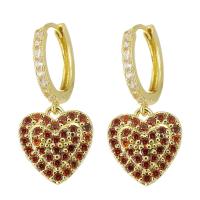 Huggie Hoop Drop Earring Brass Heart gold color plated micro pave cubic zirconia & for woman reddish orange 28mm Sold By Pair