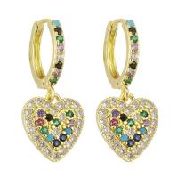 Huggie Hoop Drop Earring Brass Heart gold color plated micro pave cubic zirconia & for woman multi-colored 26mm Sold By Pair