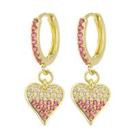 Huggie Hoop Drop Earring, Brass, Heart, gold color plated, micro pave cubic zirconia & for woman, pink, 28mm, Sold By Pair
