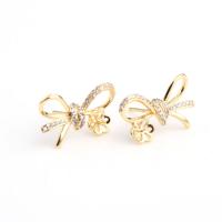 Brass Earring Stud Component, Bowknot, real gold plated, with rhinestone, golden, 18x14x4mm, Sold By PC
