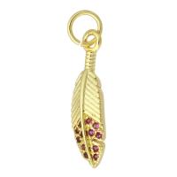 Cubic Zirconia Micro Pave Brass Pendant, Feather, gold color plated, fashion jewelry & DIY & micro pave cubic zirconia, red, 5x19x3mm, Hole:Approx 3mm, 10PCs/Lot, Sold By Lot