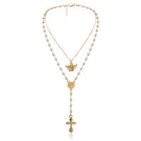 Mode-Multi-Layer-Halskette, Zinklegierung, mit Kunststoff Perlen & Eisen, Kreuz, goldfarben plattiert, mehrschichtig & für Frau, Länge ca. 13.7 ZollInch, ca. 16.5 ZollInch, verkauft von PC