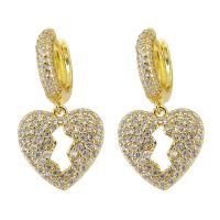Huggie Hoop Drop Earring Brass Heart gold color plated micro pave cubic zirconia & for woman & hollow 30mm Sold By Pair