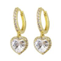 Huggie Hoop Drop Earring Brass Heart gold color plated micro pave cubic zirconia & for woman 24mm Sold By Pair