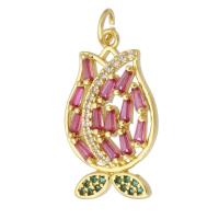 Cubic Zirconia Micro Pave Brass Pendant, Flower, gold color plated, fashion jewelry & DIY & micro pave cubic zirconia, multi-colored, 13.50x23x3mm, Hole:Approx 3mm, 10PCs/Lot, Sold By Lot
