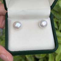 Freshwater Pearl Earrings, brass post pin, Flat Round, gold color plated, fashion jewelry, white, 10-11mm, Sold By Pair