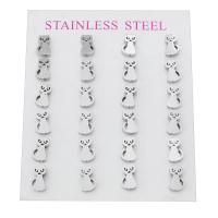 Stainless Steel Stud Earrings, 304 Stainless Steel, Cat, for woman, original color, 5x9x13mm, 24PCs/Set, Sold By Set