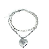 Plastične biserna ogrlica, s Plastična Pearl, s 3.7inch, 5.3inch Produžetak lanac, Srce, Dvostruki sloj & za žene, izvorna boja, Dužina Približno 12.2 inčni, Približno 15.7 inčni, Prodano By PC