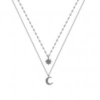 Zinc Alloy Jewelry Necklace with 1.96inch extender chain Moon and Star platinum color plated Double Layer & for woman & with rhinestone nickel lead & cadmium free Length Approx 15.7 Inch Approx 14.5 Inch Sold By PC