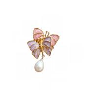 Zinc Alloy Brooches with Freshwater Pearl & Plastic Pearl Butterfly gold color plated & for woman & enamel two different colored Sold By PC