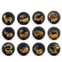 Natural Black Agate Beads Round gilding with chinese zodiac pattern & DIY & frosted black 10-14mm Sold By PC