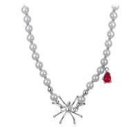 Plastic Pearl Necklace with Zinc Alloy with 1.96inch extender chain Spider platinum color plated fashion jewelry & Unisex & with rhinestone Length Approx 15.7 Inch Sold By PC