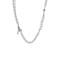 Plastic Pearl Necklace, 314 Stainless Steel, with Plastic Pearl, with 1.96inch extender chain, Angel, fashion jewelry & for woman & with rhinestone, original color, Length:Approx 15.3 Inch, Sold By PC