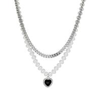 Tibetan Style Jewelry Necklace, with Resin & Plastic Pearl, with 1.96inch extender chain, Heart, platinum color plated, Double Layer & fashion jewelry & for woman, Length:Approx 16.5 Inch, Sold By PC