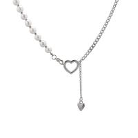 Collar de acero inoxidable de la joyería, con Perlas plásticas, Corazón, para mujer & hueco, color original, longitud:aproximado 15.3 Inch, Vendido por UD