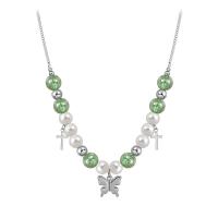 Stainless Steel Jewelry Necklace 314 Stainless Steel with Glass Beads & Plastic Pearl with 1.96inch extender chain Butterfly fashion jewelry & for woman original color Length Approx 16.5 Inch Sold By PC