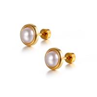 Titanium Steel Stud Earring, with Plastic Pearl, brass post pin, for woman, golden, 7.50x6.20mm, Sold By PC
