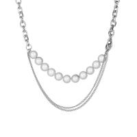 Titanium Steel Necklace with Plastic Pearl with 1.97Inch extender chain & Unisex original color Sold By PC