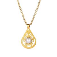 Titanium Steel Necklace with Plastic Pearl Vacuum Ion Plating for woman & hollow golden Length Approx 14.96 Inch Sold By PC