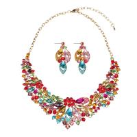 Rhinestone Jewelry Sets, earring & necklace, Tibetan Style, with Glass Rhinestone, with 2.75 inch extender chain, gold color plated, 2 pieces & for woman & with glass rhinestone, more colors for choice, 60mm, Length:Approx 18.89 Inch, Sold By Set