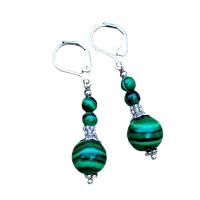 Huggie Hoop Drop Earring Malachite with Zinc Alloy Round antique silver color plated vintage & for woman green Sold By Pair