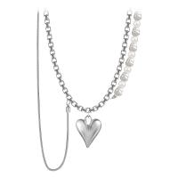 Stainless Steel Jewelry Necklace, 314 Stainless Steel, with Plastic Pearl, Heart, multilayer & for woman, 320mm, Length:Approx 16.9 Inch, Sold By PC