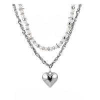 Natural Freshwater Pearl Necklace 314 Stainless Steel with Freshwater Pearl with 3.1inch 3.9inch extender chain Heart Double Layer & fashion jewelry & for woman Length Approx 13 Inch Approx 16.5 Inch Sold By PC