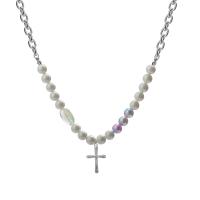 Plastic Pearl Necklace, Tibetan Style, with Plastic Pearl, Cross, platinum color plated, oval chain & for woman & with rhinestone, Length:Approx 20.9 Inch, Sold By PC