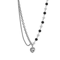 Plastic Pearl Necklace, Tibetan Style, with 314 Stainless Steel & Glass & Plastic Pearl, with 1.96inch extender chain, Heart, Double Layer & for woman, Length:Approx 16.9 Inch, Sold By PC