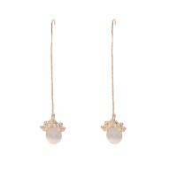 Brass Thread Through Earrings, with Cats Eye, brass post pin, micro pave cubic zirconia & for woman, golden, 76x12mm, Sold By Pair