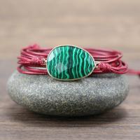 Malachite Bracelet with leather cord & Brass gold color plated Unisex green 20-40mm Length Approx 7.09 Inch Sold By PC