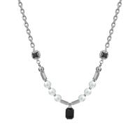 Stainless Steel Jewelry Necklace, 314 Stainless Steel, with Glass & Plastic Pearl, with 1.96inch extender chain, fashion jewelry & Unisex, nickel, lead & cadmium free, Length:Approx 17.3 Inch, Sold By PC