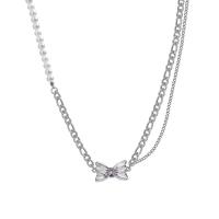 Collar de acero inoxidable de la joyería, con Perlas plásticas, con 2.75inch extender cadena, Mariposa, Doble capa & para mujer & con diamantes de imitación, libre de níquel, plomo & cadmio, longitud:aproximado 17.7 Inch, Vendido por UD