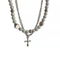 Stainless Steel Jewelry Necklace, 314 Stainless Steel, with Glass Beads, with 1.96inch extender chain, Cross, Double Layer & fashion jewelry & for woman, Length:Approx 18.1 Inch, Sold By PC