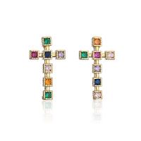 Cubic Zircon (CZ) Stud Earring, Brass, Cross, 18K gold plated, micro pave cubic zirconia & for woman, more colors for choice, 10x16mm, Sold By Pair