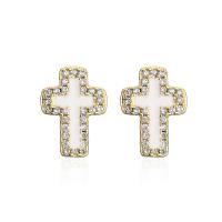 Cubic Zirconia Micro Pave Brass Earring Cross 18K gold plated micro pave cubic zirconia & for woman & enamel Sold By Pair