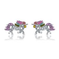 Tibetan Style Stud Earring, Tibetan Style post pin, Unicorn, for woman & with rhinestone, more colors for choice, 13x20mm, Sold By Pair
