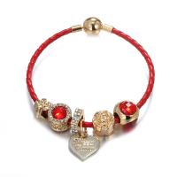 European Bracelet Brass with Leather & Zinc Alloy Heart anti-fatigue & for woman & with rhinestone mixed colors Sold By PC