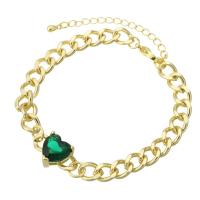 Bracelet cubique en laiton zircon pavent, coeur, Placage de couleur d'or, bijoux de mode & pavé de micro zircon & pour femme, vert, 18.50x10.50x7mm, Longueur:9 pouce, 10PC/lot, Vendu par lot